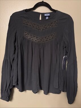 Scoop Black Lace-Panel Peasant Top